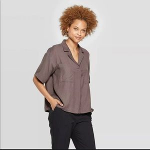 Prologue Women's Short Sleeve Collared V-Neck Tuck Front Camp Shirt | Yellow